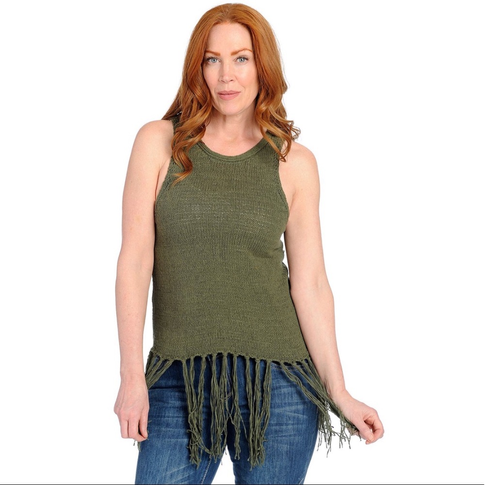 Sweater Knit Scoop Neck Fringed Tank Top